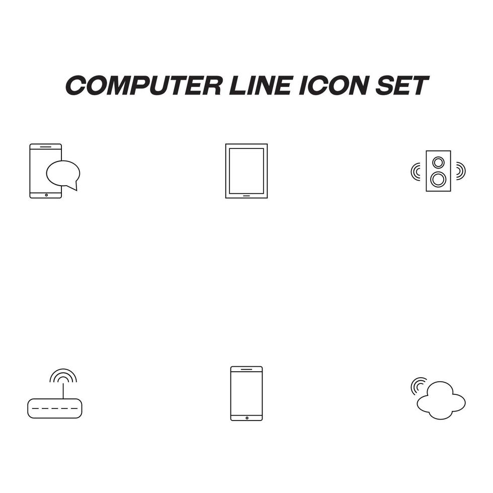 jeu d'icônes de ligne d'ordinateur dessiné avec une ligne mince. symboles vectoriels du chat, de la tablette, du haut-parleur, du routeur, du smartphone, du stockage en nuage vecteur