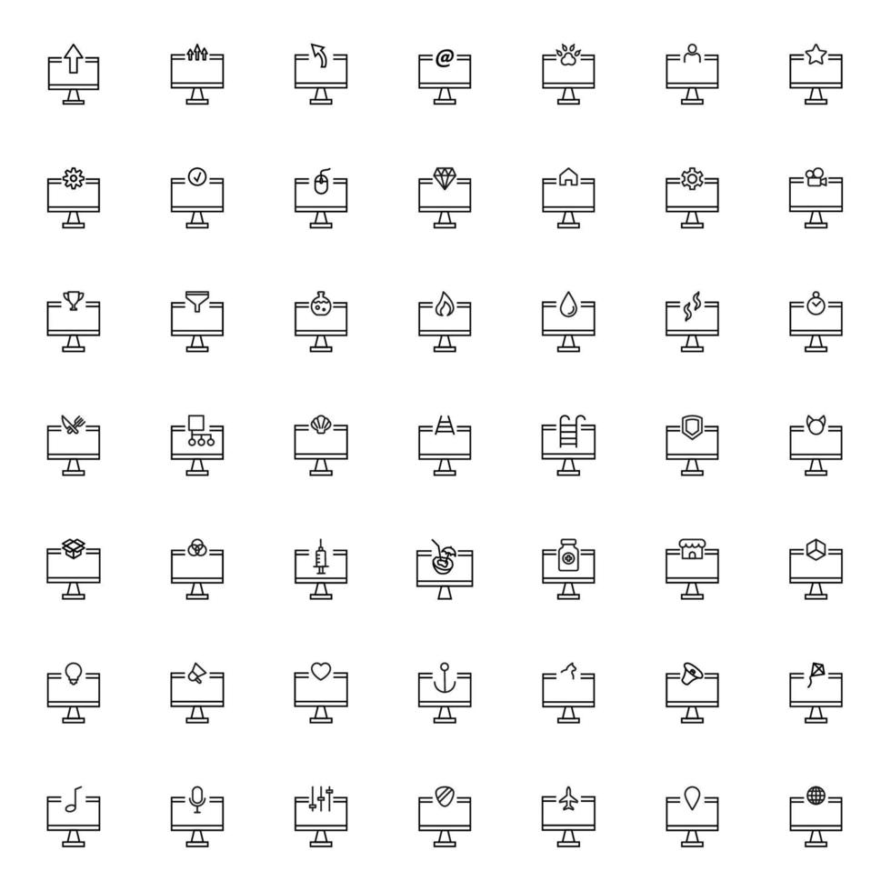 icône de ligne sertie de symboles vectoriels d'ordinateur avec flèche, étoile, utilisateur, flamme, maison, engrenage et autres signes à l'intérieur. convient aux articles, livres, bannières, sites Web, magasins, magasins, etc. vecteur