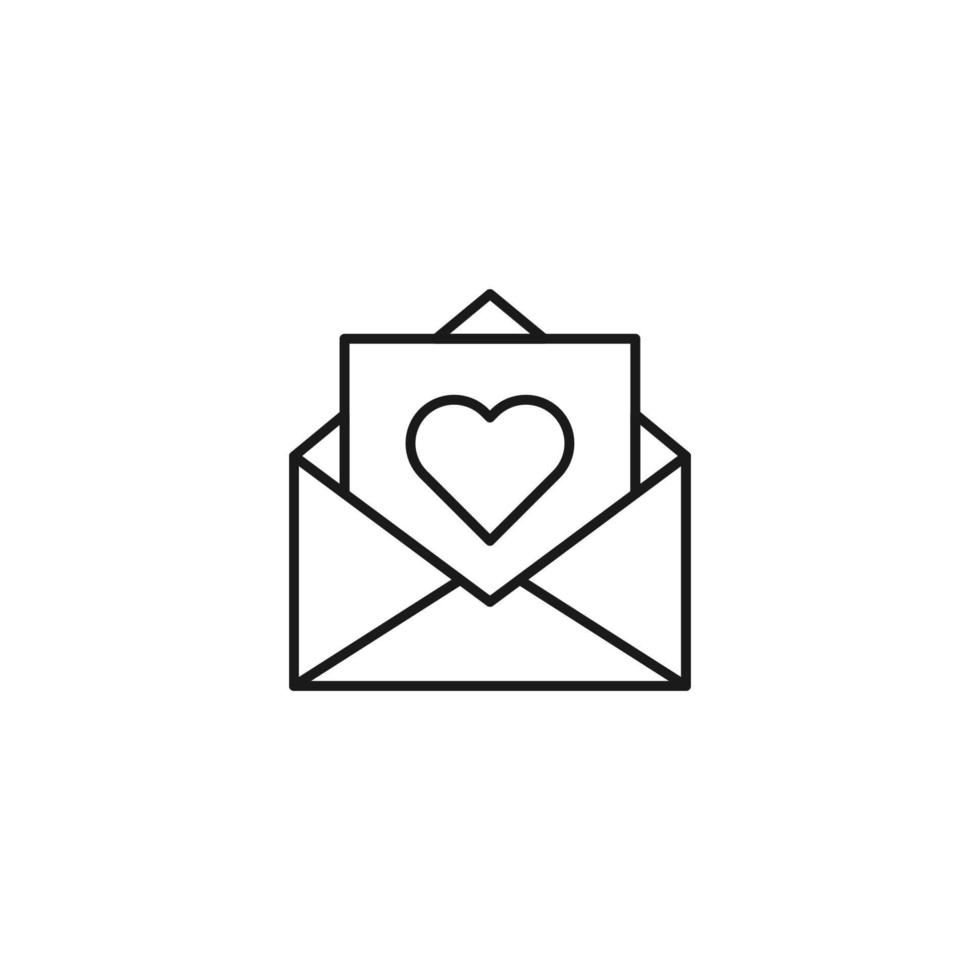 signe monochrome de poste et de lettre. symbole de plan dessiné avec une fine ligne noire. adapté aux sites Web, aux applications, aux magasins, aux magasins, etc. icône vectorielle du coeur sur la lettre dans l'enveloppe vecteur