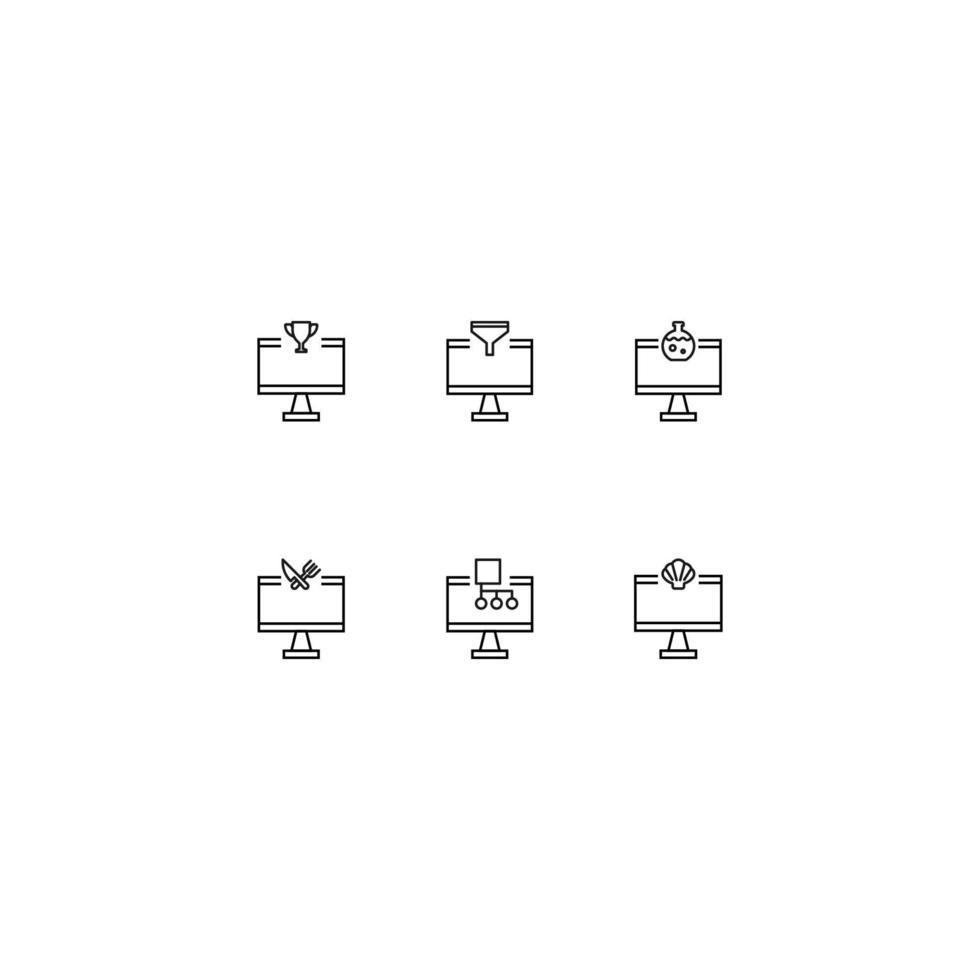 collection d'icônes de ligne de signes vectoriels et de symboles monochromes dessinés avec une fine ligne noire. adapté à la boutique, aux sites, aux applications. tasse gagnante, entonnoir, ampoule de laboratoire, fourchette et couteau croisés, etc. à l'intérieur de l'ordinateur vecteur