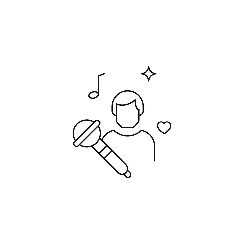 concept de romance et d'amour. signe de contour dessiné dans un style plat. icône de la ligne du chanteur entourée d'une fusée éclairante, d'une note de musique, d'un cœur et d'un microphone vecteur