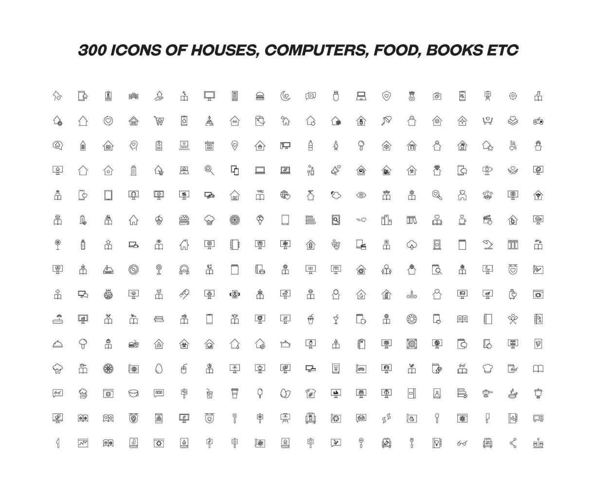 grand ensemble de 300 icônes dessinées avec une ligne fine. traits modifiables dans un style plat moder. icônes de lignes vectorielles d'ordinateurs, de maisons, de nourriture, d'articles à portée de main, etc. vecteur