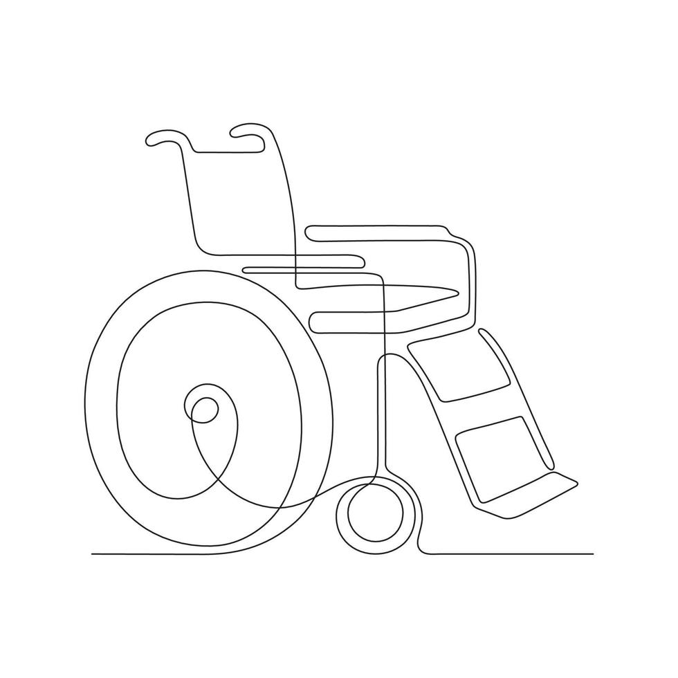 fauteuil roulant pour contour handicapé, dessin continu d'une ligne d'art. dessiné à la main, doodle. chaise pour le transport des personnes handicapées. illustration vectorielle vecteur