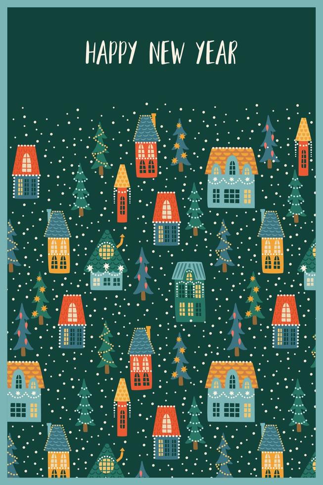 illustration de noël et bonne année. ville, maisons, arbres de noël, neige. symboles du nouvel an. modèle de conception de vecteur. vecteur