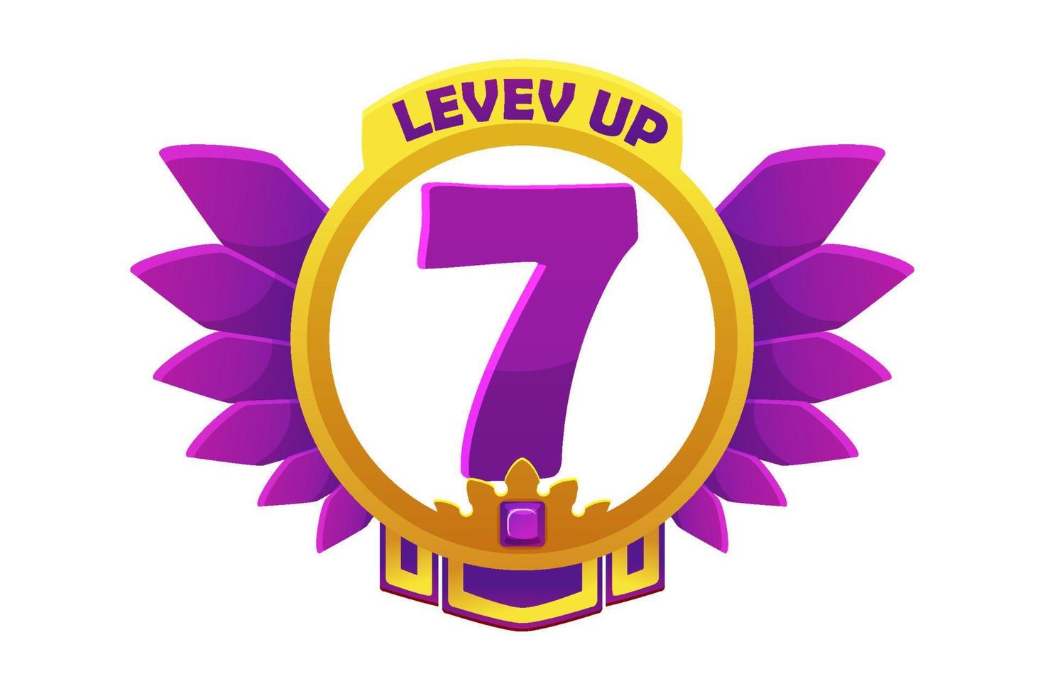 avatar de jeu d'or, niveau de cadre violet royal rond vers le haut. illustration vectorielle cadre doré avec des ailes et 7 pour la conception graphique du jeu. vecteur