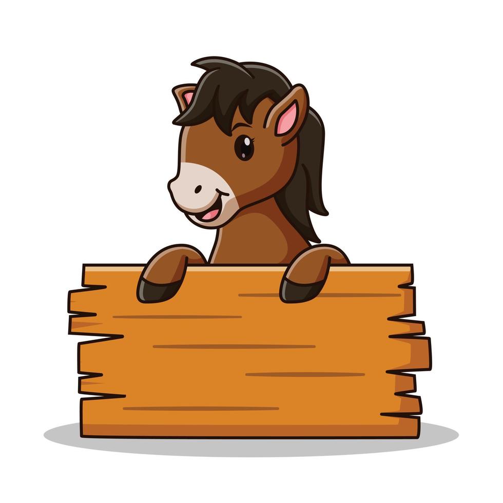 dessin animé mignon de cheval tenant une planche de bois. concept d'icône de cheval. style de dessin animé plat. adapté à la page de destination Web, à la bannière, au dépliant, à l'autocollant, à la carte vecteur