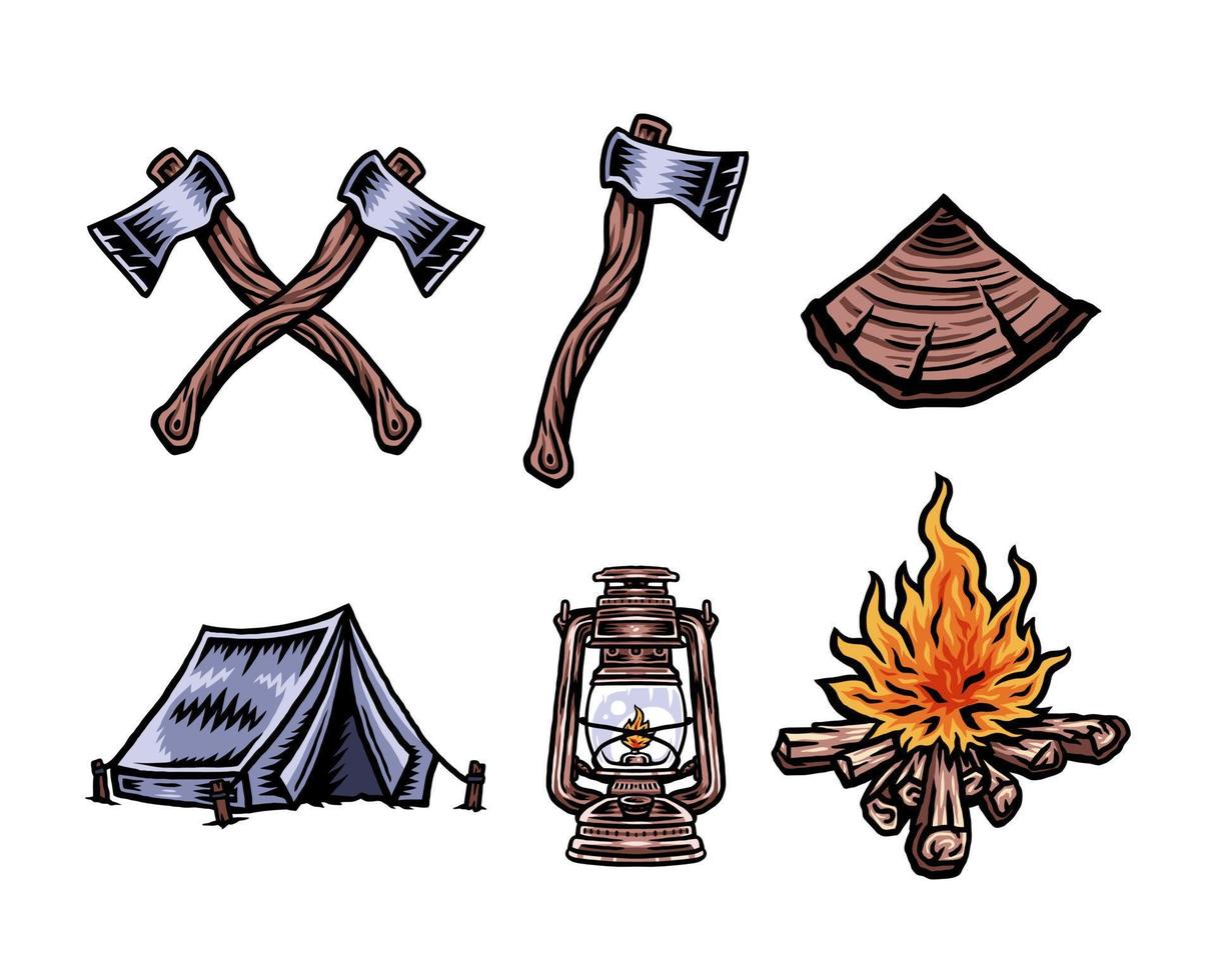 illustration vectorielle de l'ensemble d'objets de vacances camping, ligne dessinée à la main avec couleur numérique, illustration vectorielle vecteur