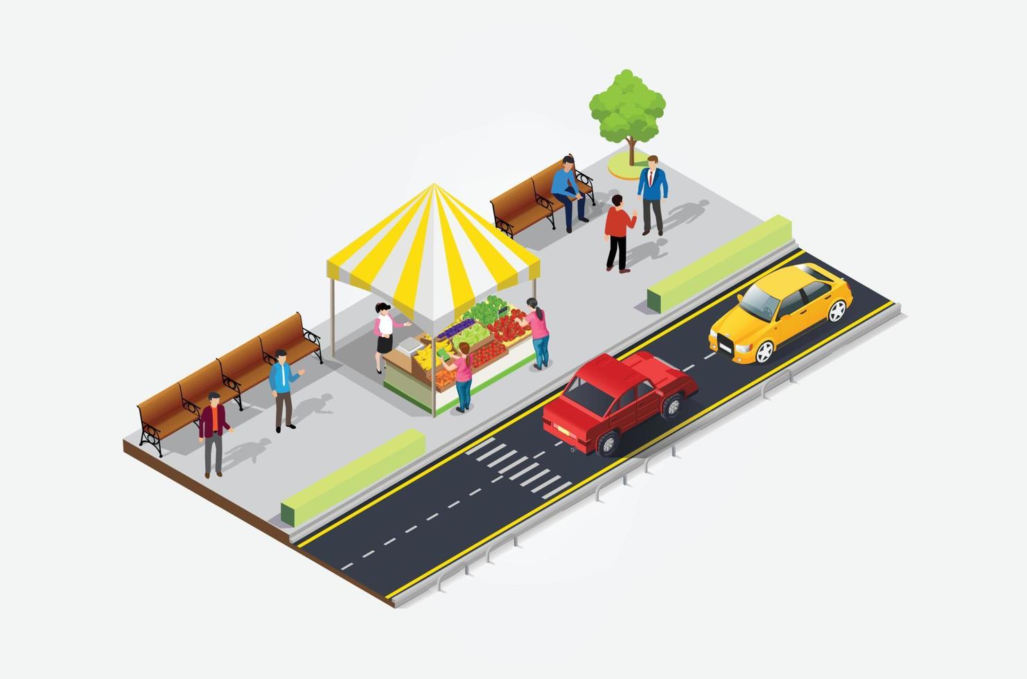 tente de café de nourriture de rue isométrique avec des acheteurs occupés sur le trottoir. adapté aux diagrammes, infographies et autres ressources graphiques vecteur