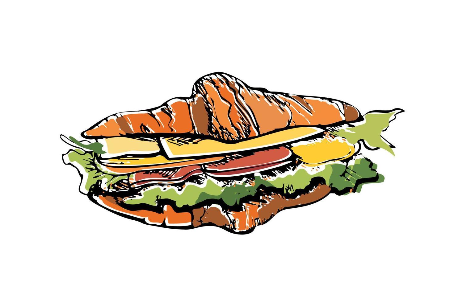 doodle de couleur sandwich croissant. pâte feuilletée dessinée à la main vecteur