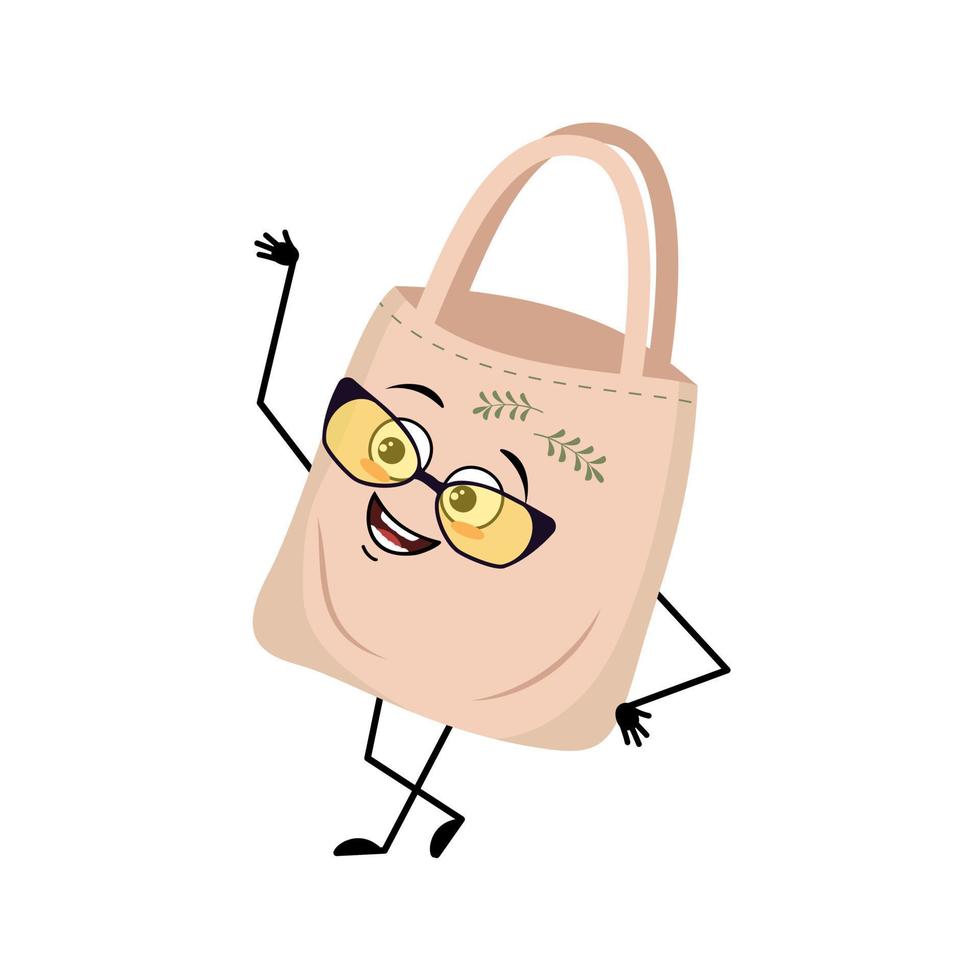 personnage de sac en tissu mignon avec des lunettes et une émotion heureuse, un visage, des yeux souriants, des bras et des jambes. shopper avec grimace, alternative écologique au sac plastique. illustration vectorielle plate vecteur