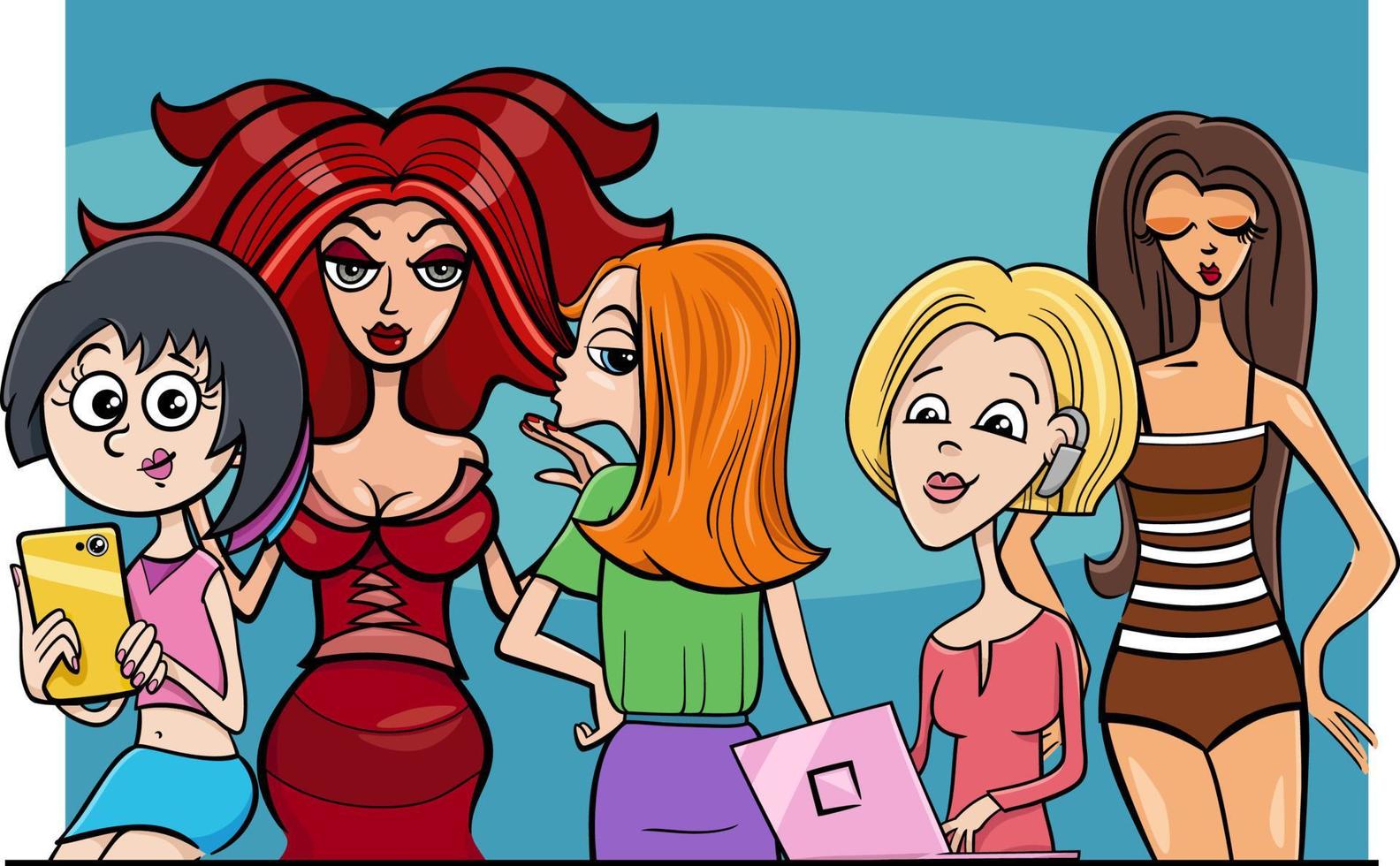 dessin animé filles ou femmes groupe de personnages de bandes dessinées vecteur