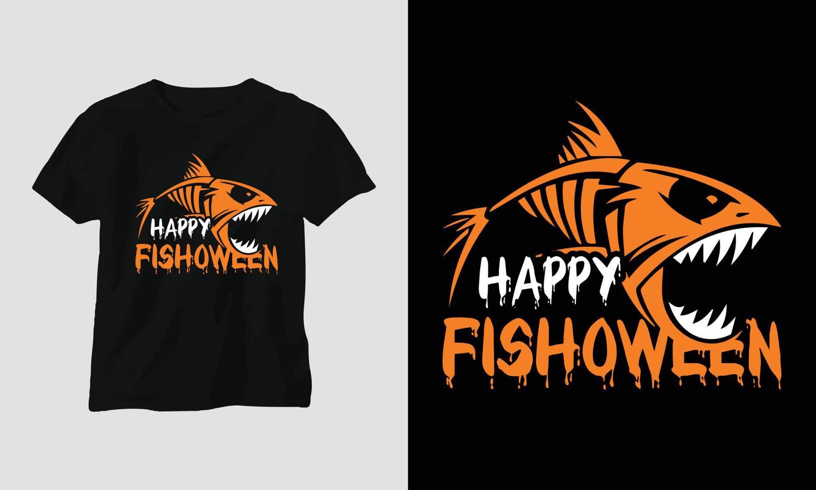 happy fishoween - conception de t-shirt de typographie de pêche vecteur