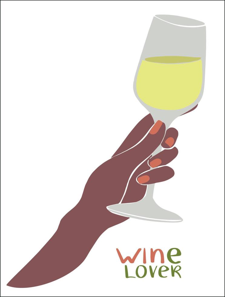 la main d'une femme noire avec une manucure tient un verre rempli de vin blanc. inscription d'amateur de vin. fond isolé. style bande dessinée. conception plate vecteur