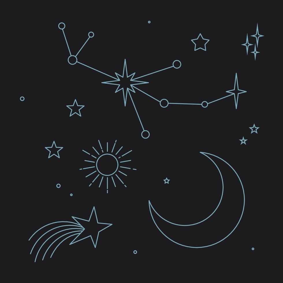 éléments mystiques et célestes avec étoiles, planètes, lunes et mains. éléments cosmiques du zodiaque étoilé. conception vectorielle occulte et ésotérique. vecteur