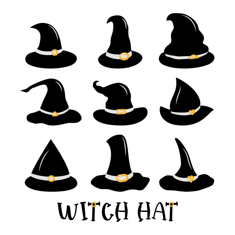 ensemble de chapeaux de sorcière noirs avec ceinture. différentes formes. illustration vectorielle. conception plate. notion d'Halloween. modèle d'impression, élément graphique. vecteur