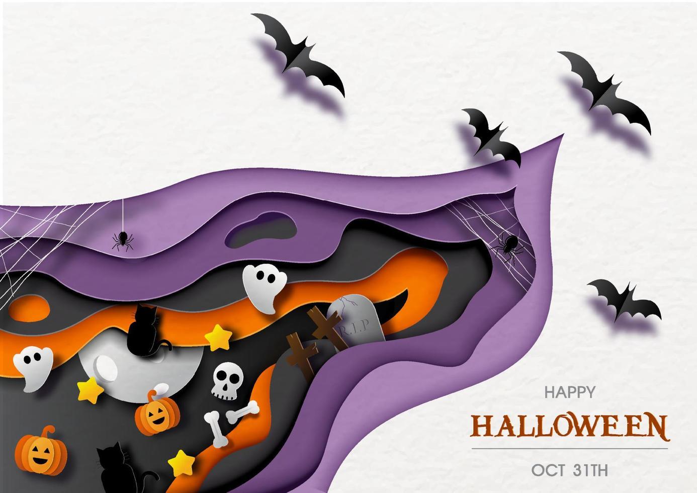 objet du symbole d'halloween dans un motif abstrait et un style de coupe de papier avec des chauves-souris volantes et un lettrage joyeux halloween sur fond de papier blanc. vecteur