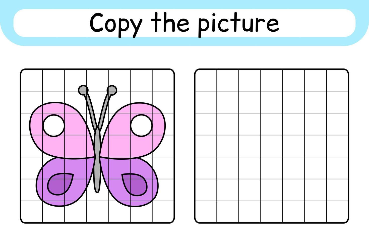 copier l'image et colorier le papillon. compléter le tableau. terminer l'image. livre de coloriage. jeu d'exercices de dessin éducatif pour les enfants vecteur