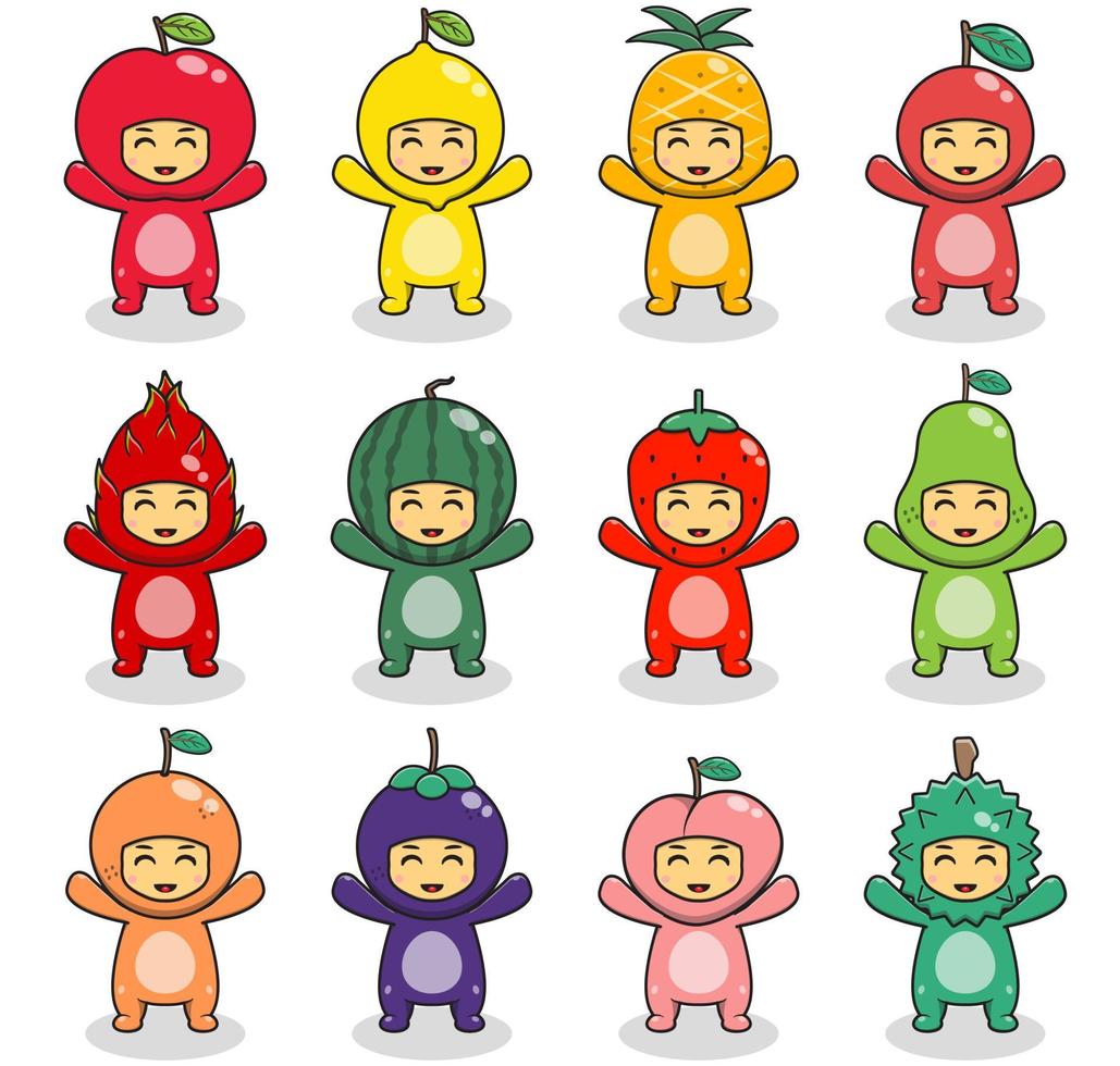 illustrations avec des enfants mignons en costumes de fruits posent la main. illustration vectorielle de costume de fruits. ensemble de personnages de costumes vectoriels isolés de dessins animés. vecteur