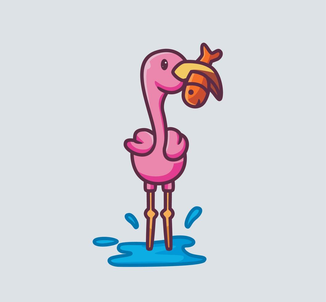 joli flamant rose attrape un poisson. illustration de nature animale de dessin animé isolé. style plat adapté au vecteur de logo premium de conception d'icône d'autocollant. personnage mascotte