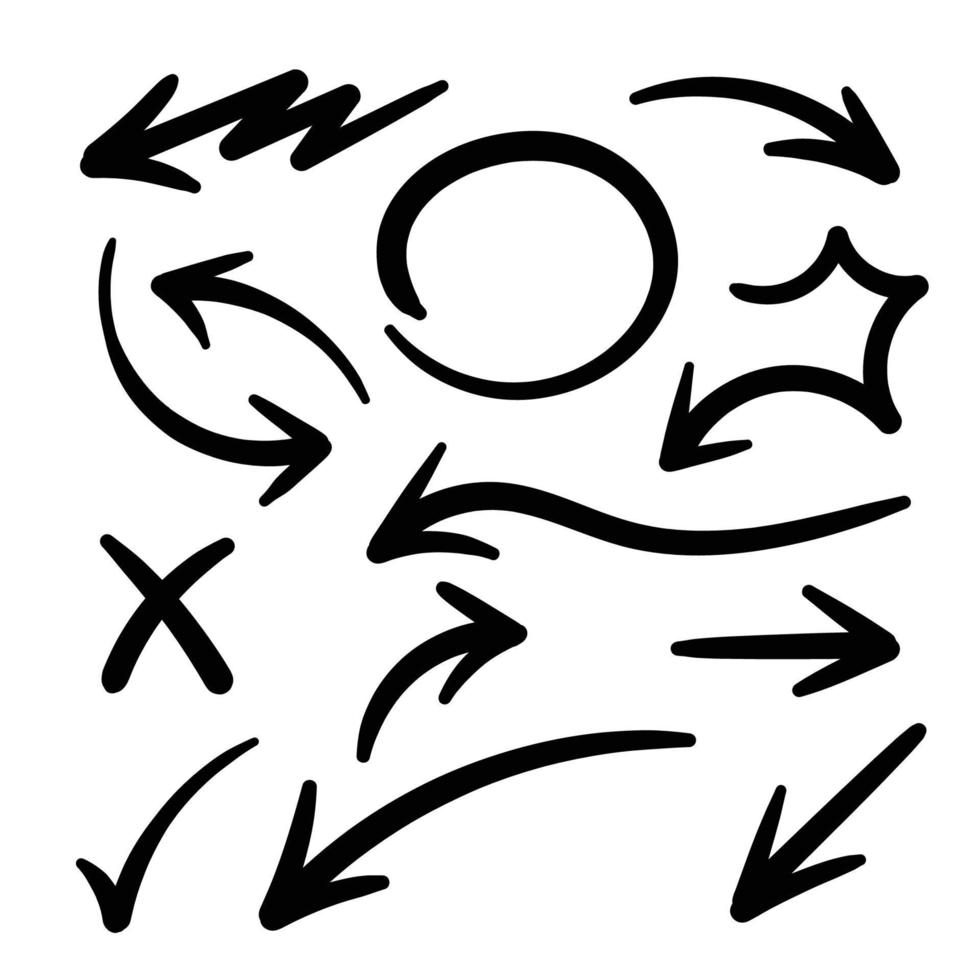 ensemble d'icônes vectorielles flèche dessinée à la main. croquis de conception de flèche pour le plan d'affaires et l'éducation. vecteur