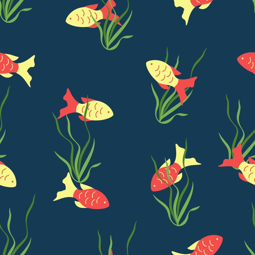 motif harmonieux de poissons rouges et dorés nageant dans l'eau bleue et les algues vertes. fond d'écran d'illustration vectorielle vecteur