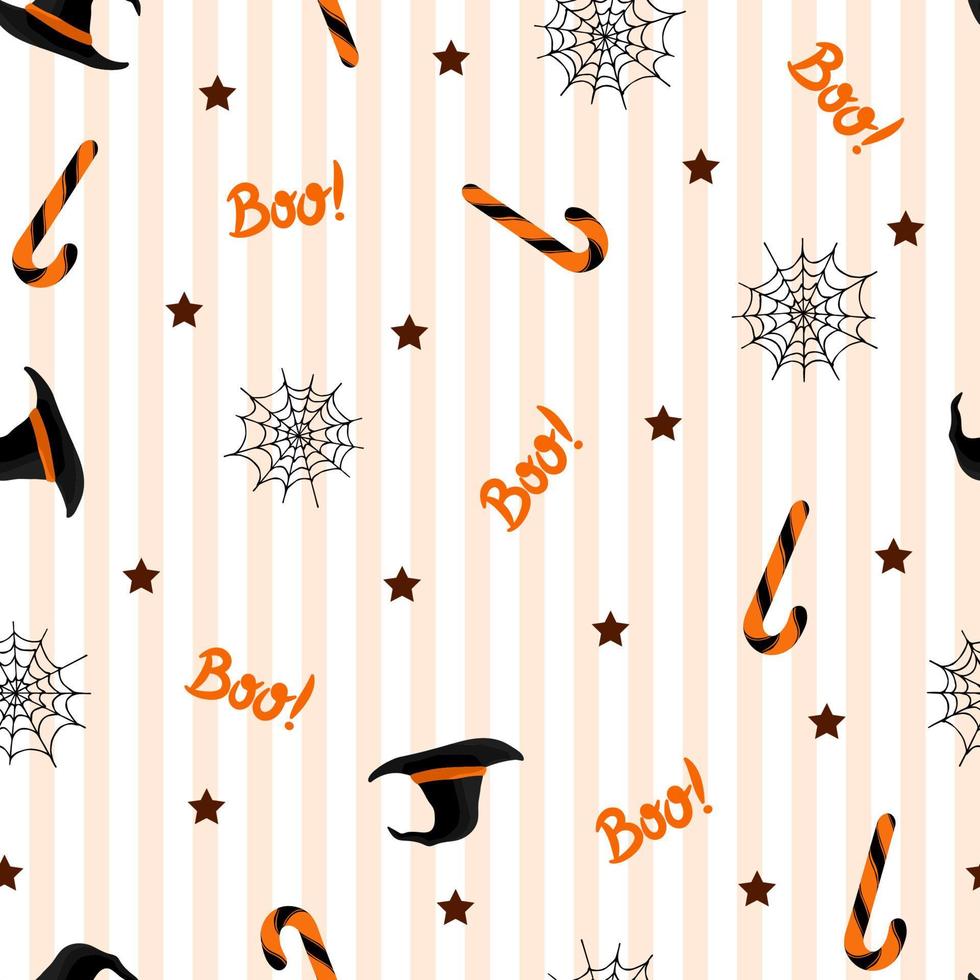 modèle sans couture avec chapeau d'halloween, bonbons et toile d'araignée sur fond blanc. pour le papier d'emballage, les invitations, la conception de sites Web. illustration vectorielle dans un style plat. vecteur