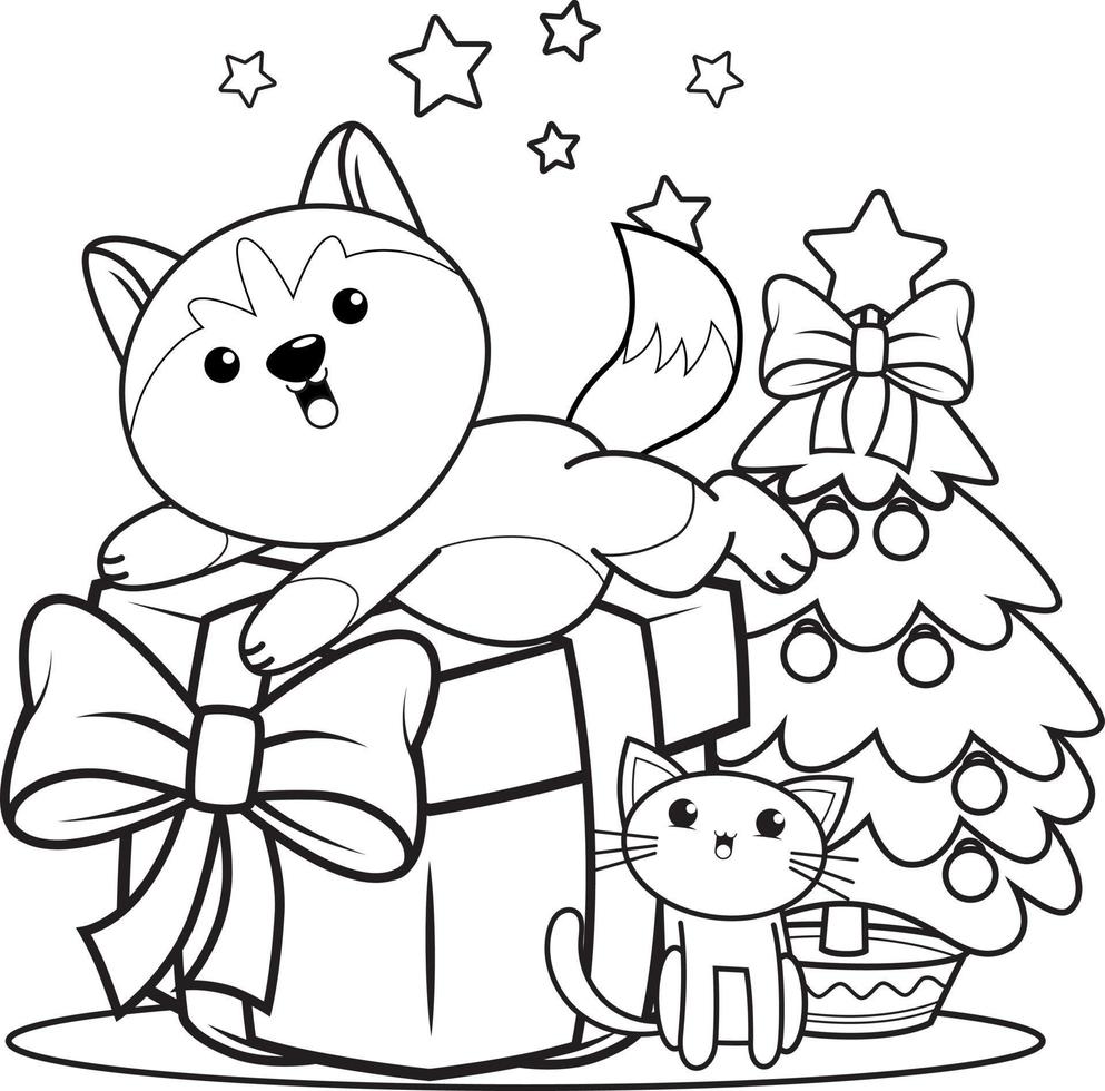 livre de coloriage de noël avec un husky mignon vecteur