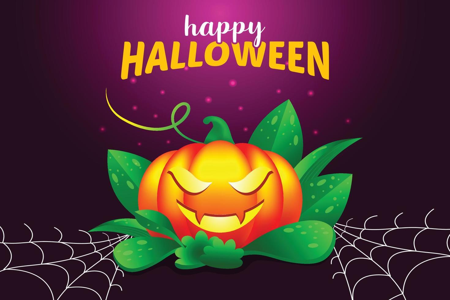 fond d'illustration vectorielle halloween heureux avec citrouille fantasmagorique, filet d'araignée, typographie. vecteur