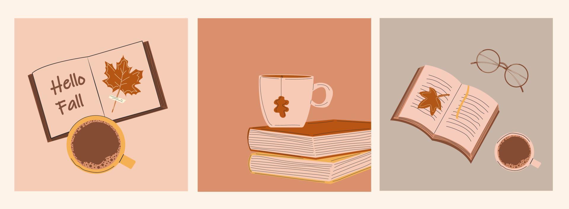 illustrations livre brun avec ruban jaune et tasse à café avec dessin. . Ambiance pour lire des livres. style de dessin animé plat moderne.set automne de trois illustrations vectorielles vecteur