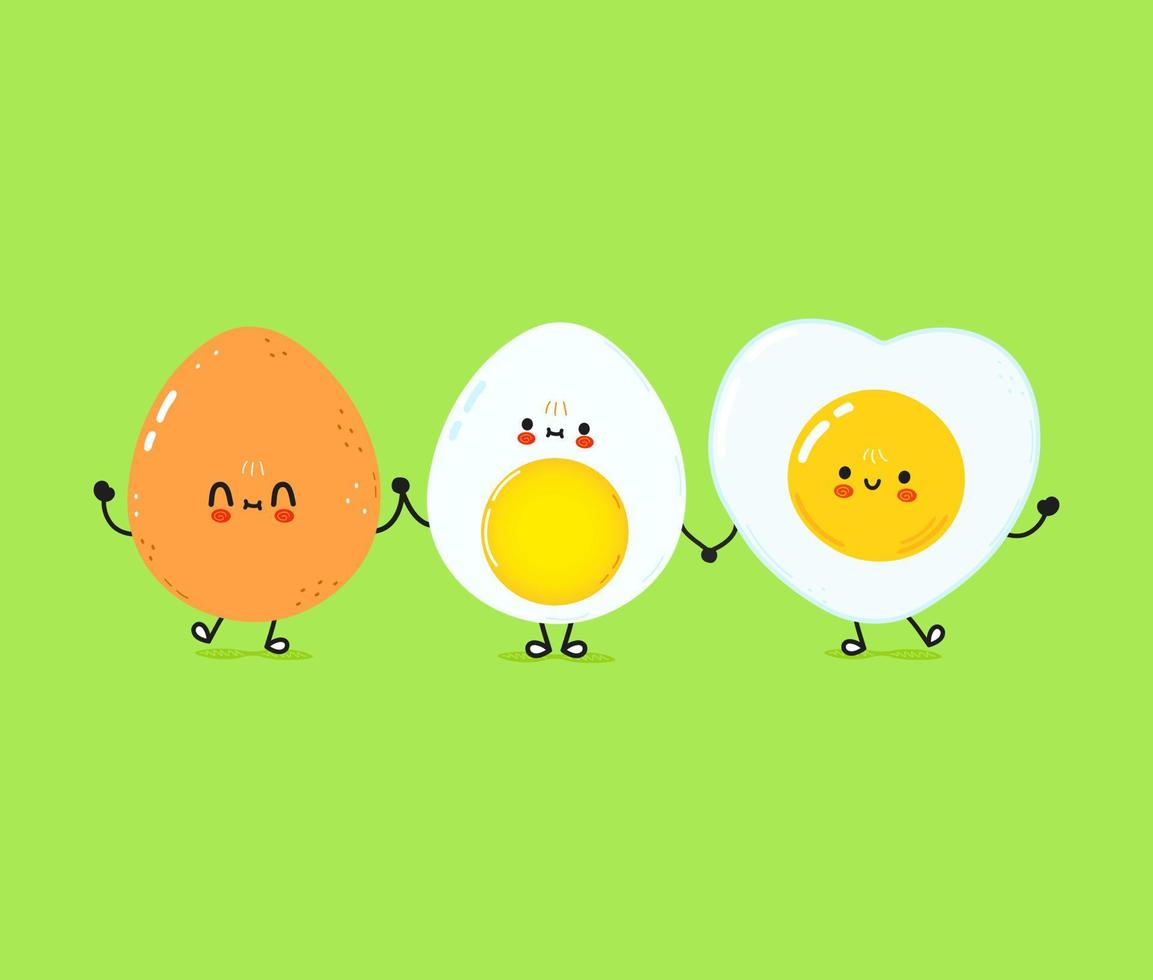 jolie carte d'oeufs à la coque et d'oeufs au plat heureux. conception d'icône d'illustration de personnage de dessin animé de style doodle dessinés à la main de vecteur. carte de concept d'amis d'œufs à la coque et d'œufs au plat heureux vecteur