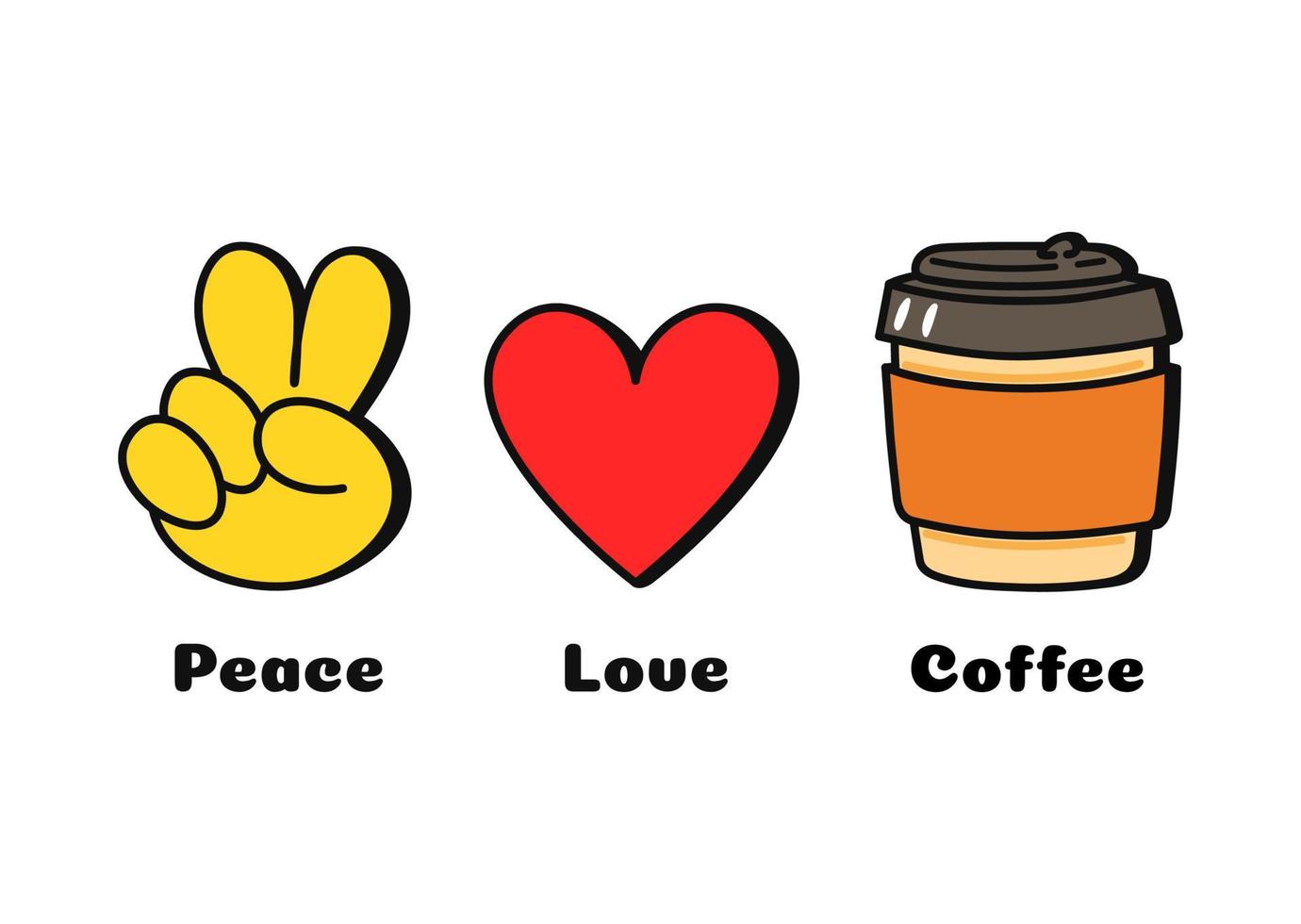 paix, amour, tasse de café concept impression pour t-shirt.vector dessin animé doodle ligne graphique illustration logo design. signe de paix, coeur, tasse de café imprimé pour affiche, t-shirt, concept de logo vecteur