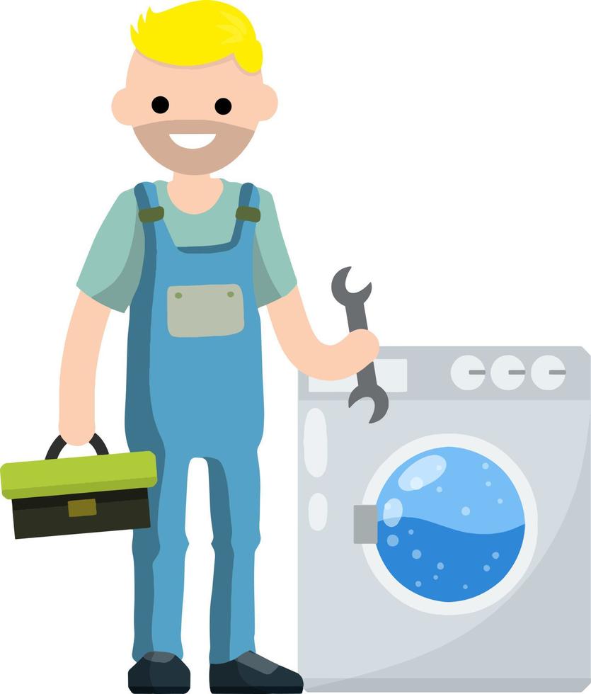 le plombier répare la machine à laver. panne d'appareils électroménagers. travailleur avec une clé, un outil. service et réparation. boîte à outils à la main. problème de lessive. vecteur
