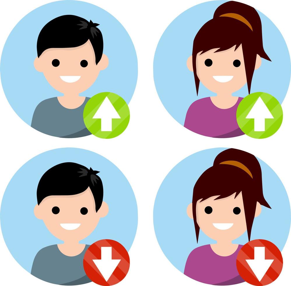 ensemble d'avatars d'homme et de femme en cercle pour le réseau social. flèche rouge et verte de haut en bas. statistiques, top et classement. dessin animé plat. jeune garçon et fille. tête humaine. icône montée et descente vecteur