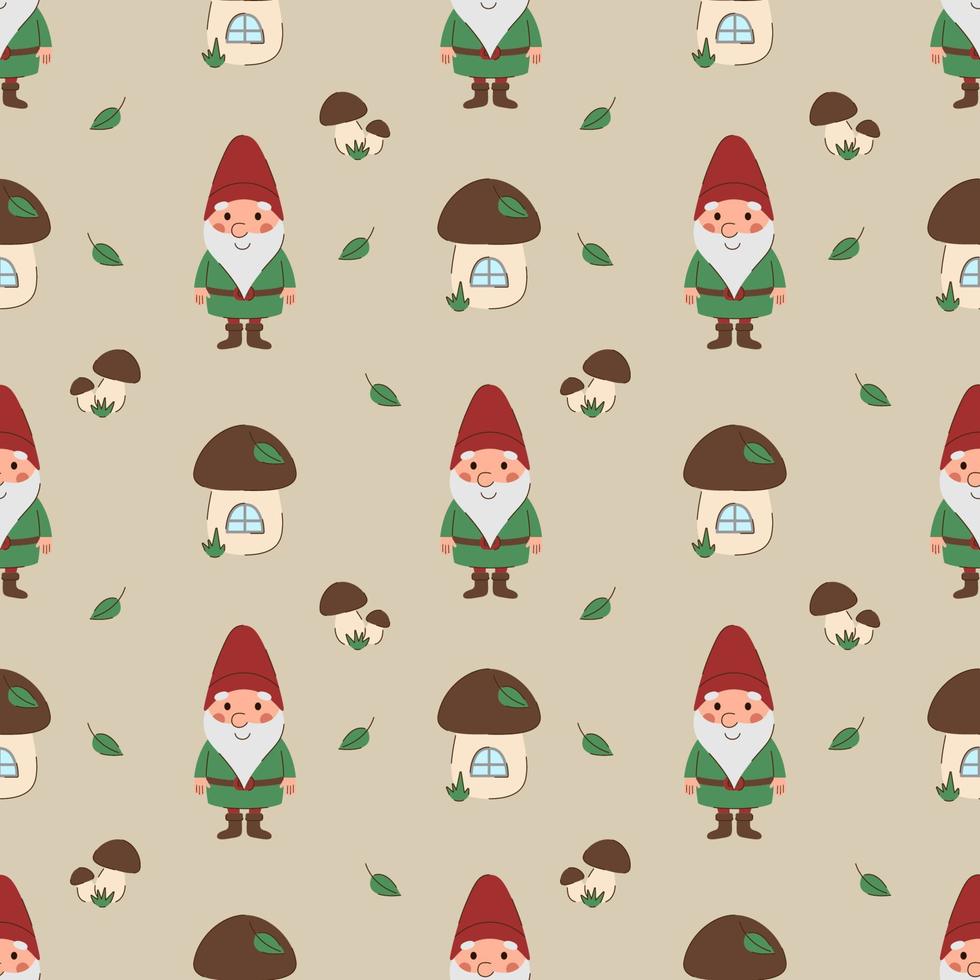 gnome heureux de modèle sans couture avec la maison de champignon et les feuilles sur le fond beige. nain dans un chapeau rouge et des vêtements verts. illustration vectorielle enfants pour tissu, textile, papier peint vecteur