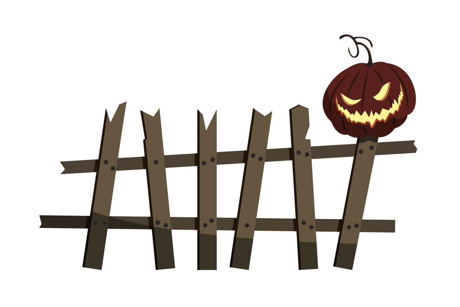 Clôture ancienne cassée effrayante avec une citrouille d'halloween souriante effrayante, élément de conception, isolé, fond blanc. vecteur