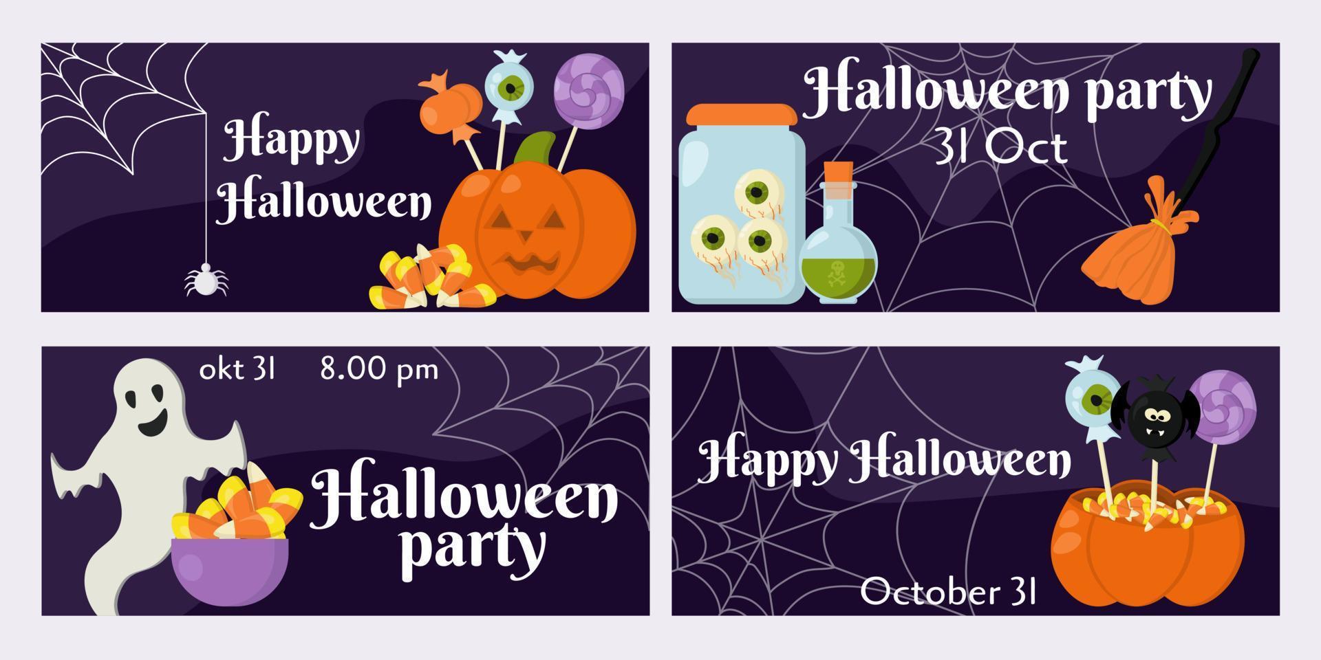ensemble de fête d'halloween, idée d'invitation, affiche, bannière, dépliant ou carte de voeux avec attributs thématiques vecteur