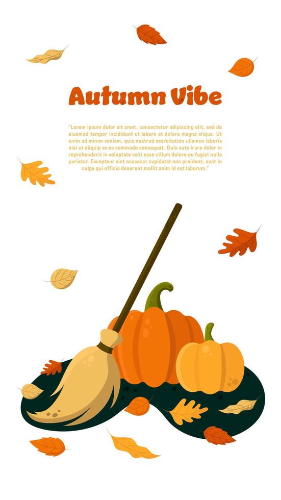 bannière vectorielle d'ambiance d'automne avec citrouilles, balai et feuilles mortes. parfait pour les sites Web, les médias sociaux, les documents imprimés, etc. vecteur