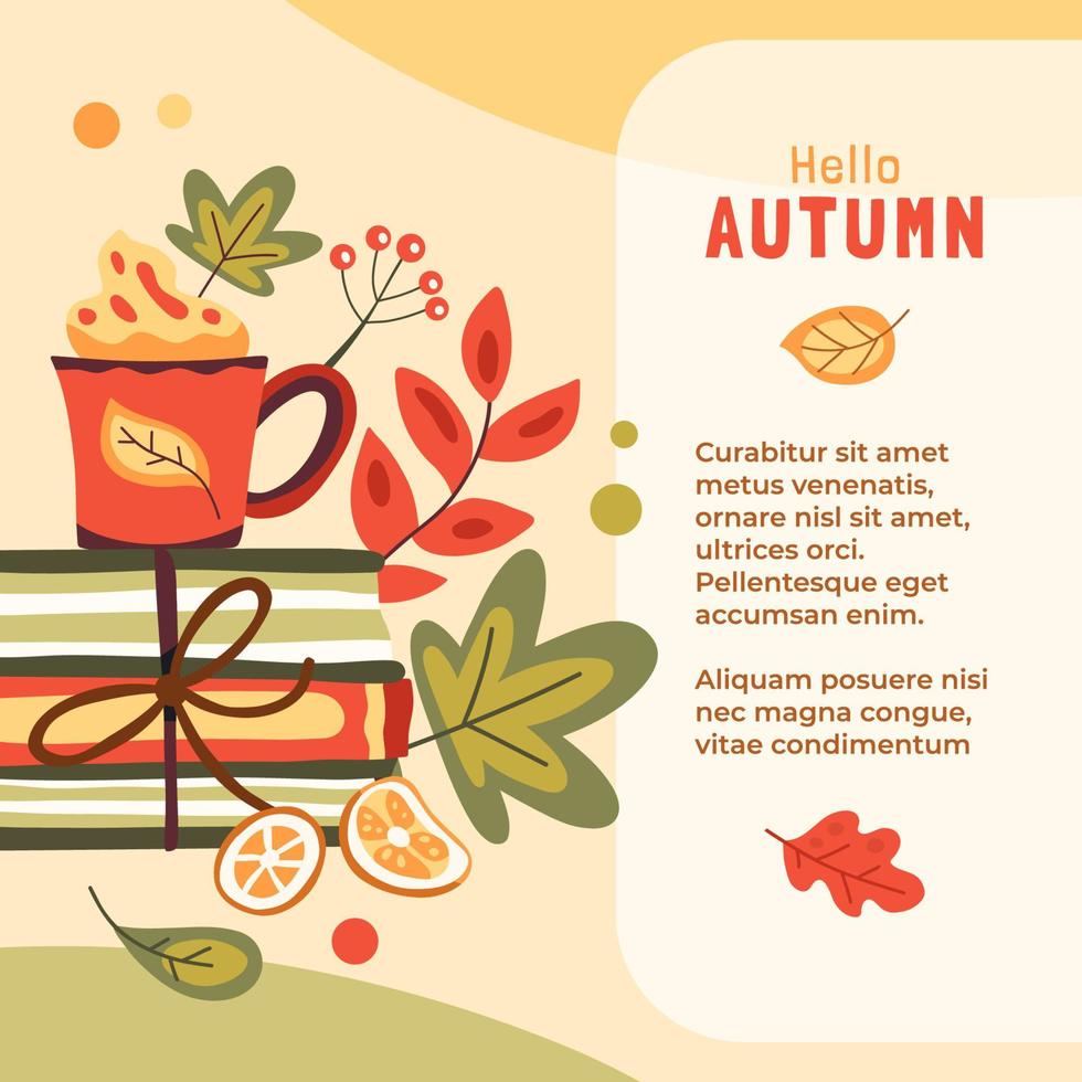 illustration d'automne avec des livres, des boissons chaudes et des feuilles, place pour le texte vecteur