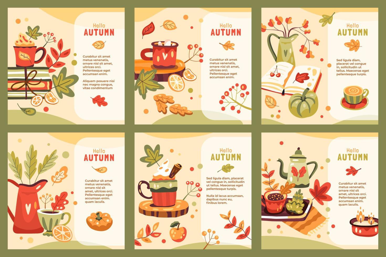 ensemble d'illustrations d'automne avec boissons chaudes, livres, feuilles, citrouilles et texte vecteur