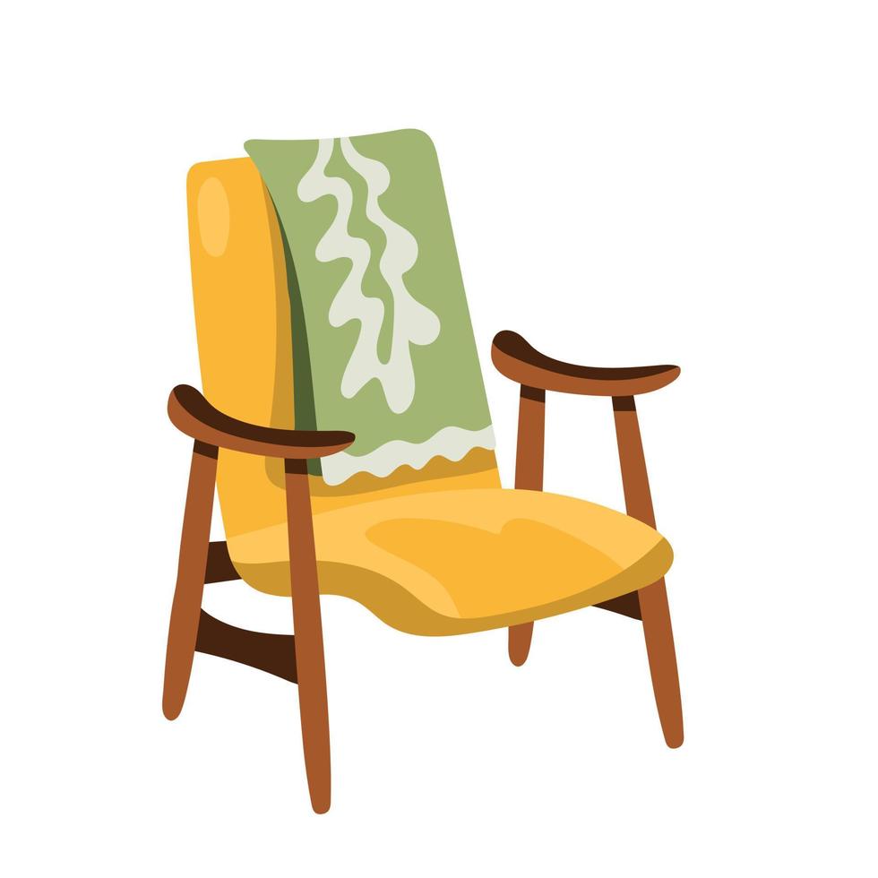 fauteuil jaune rétro avec poignées en bois et couverture verte, mobilier moderne du milieu du siècle vecteur