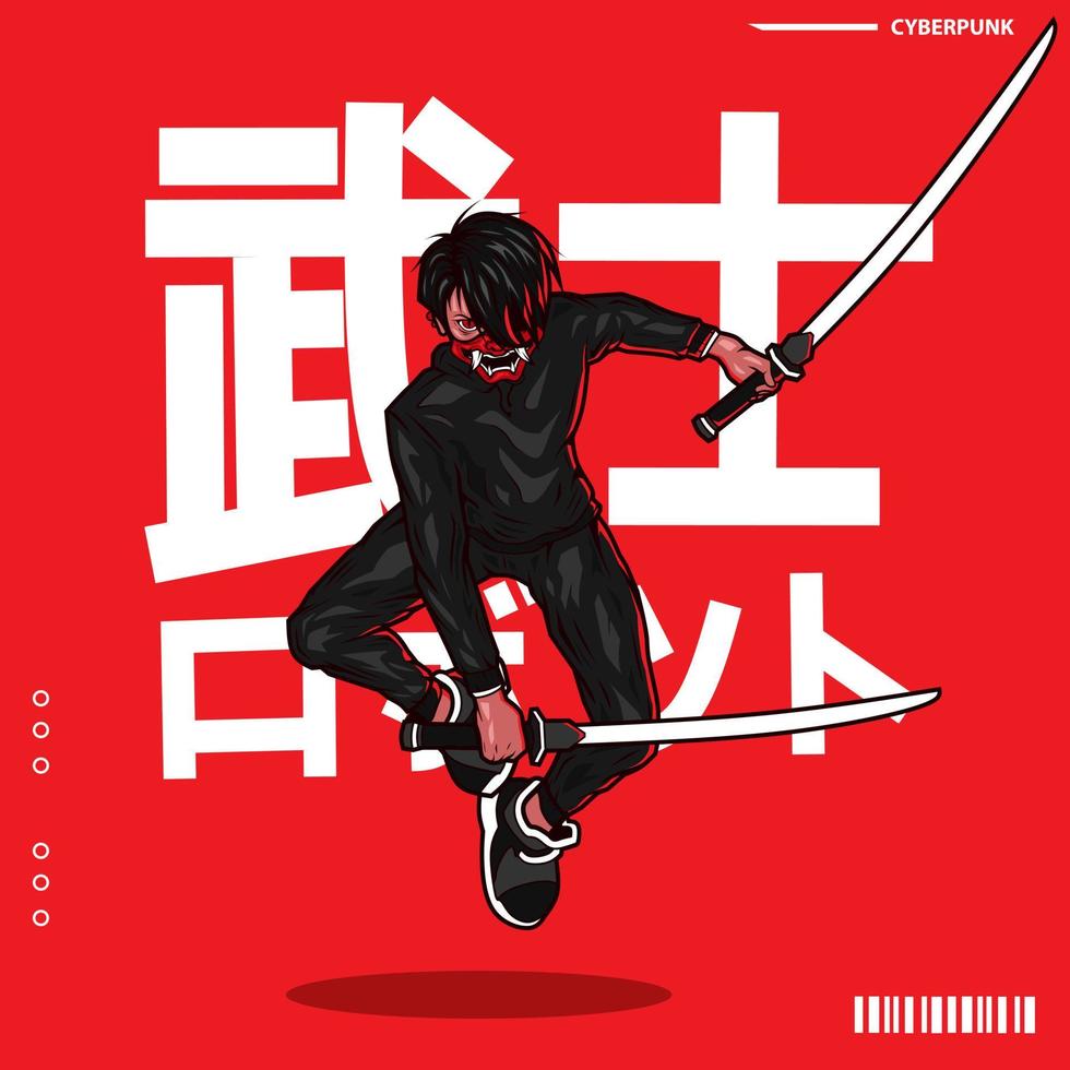samouraï cyberpunk personnage vecteur fiction design coloré illustration.