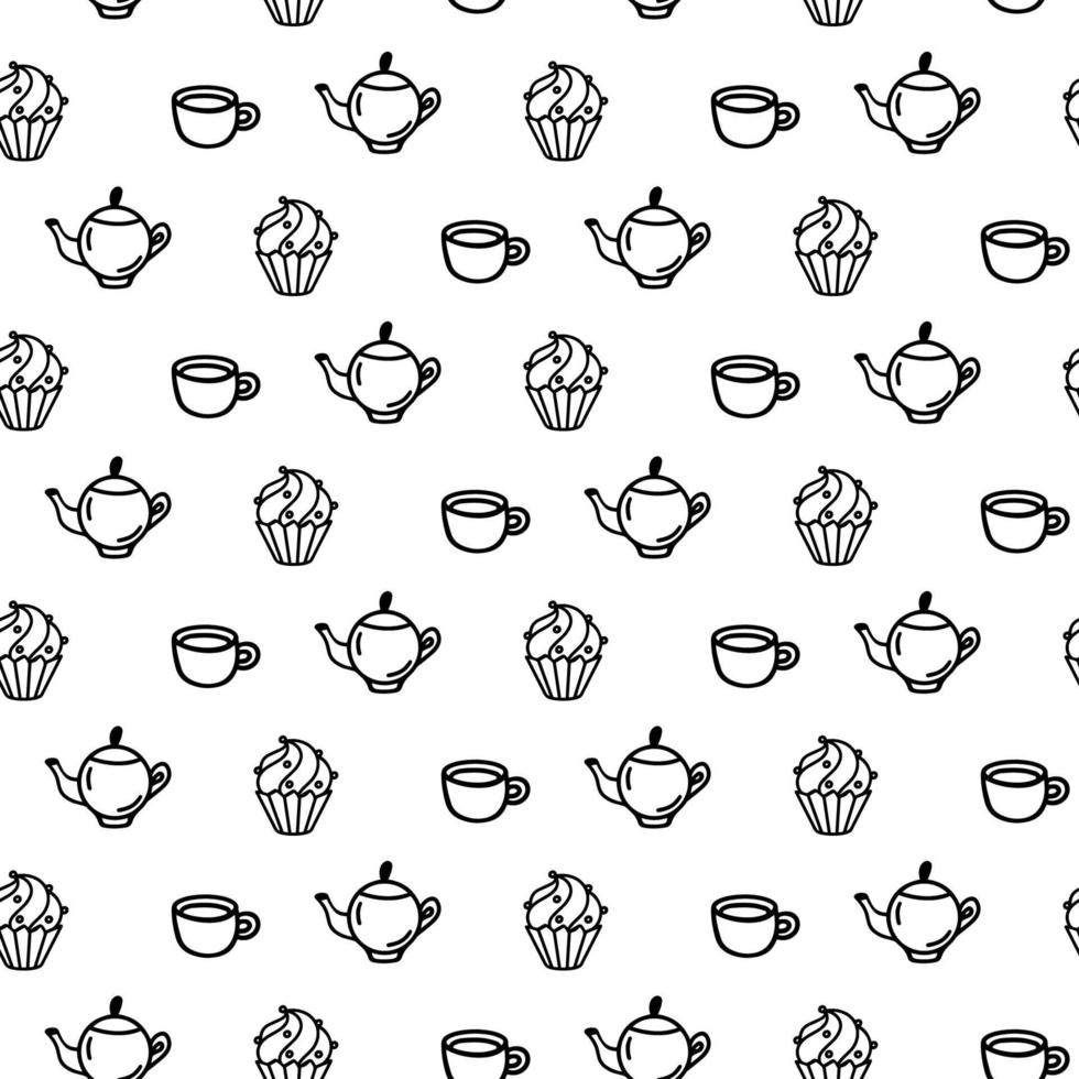 modèle sans couture dessiné à la main de vecteur avec différentes icônes douces sur fond blanc. tasse de doodle, tasse, théière, cafetière, emballage de gâteau dans un style d'art en ligne pour un décor de café. coloriage adulte et enfant