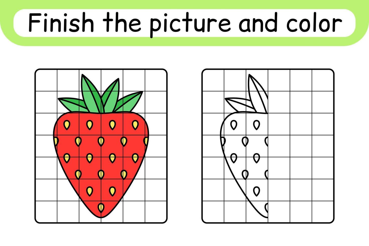 compléter le tableau fraise. copier l'image et la couleur. terminer l'image. livre de coloriage. jeu d'exercices de dessin éducatif pour les enfants vecteur