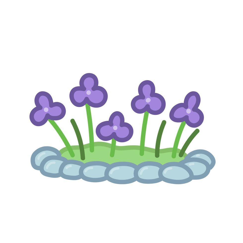 parterre de fleurs avec des fleurs et des pierres décoratives. illustration dessinée à la main en style cartoon. vecteur isolé sur fond blanc.