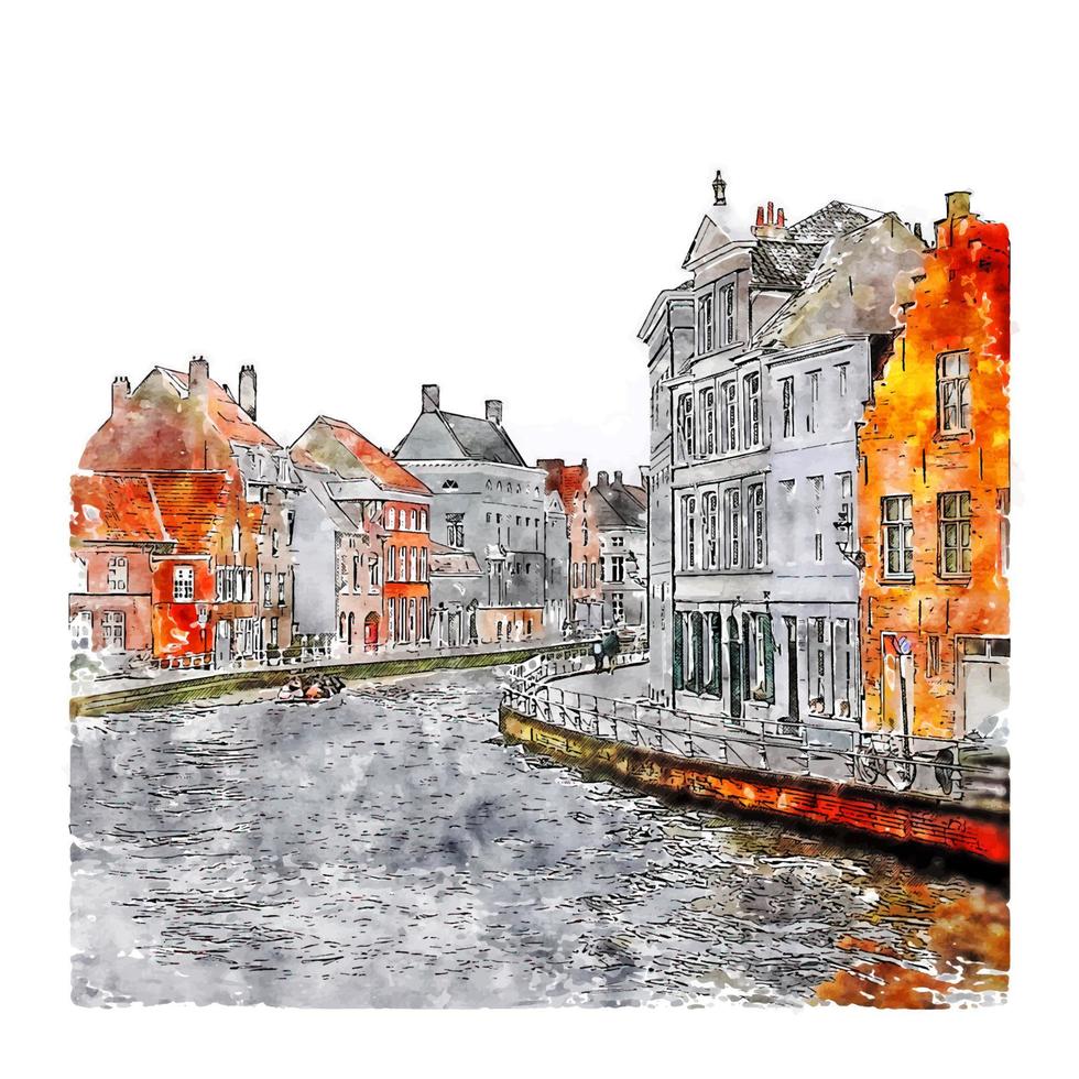 brugge belgique croquis aquarelle illustration dessinée à la main vecteur