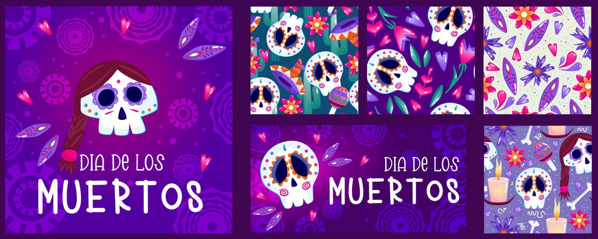 ensemble d'affiches muertos, jour mort avec crâne sur fond violet. costume d'Halloween. illustration de vecteur de dessin animé. fond de muertos de vacances. modèle sans couture de squelette de catrina mexique.