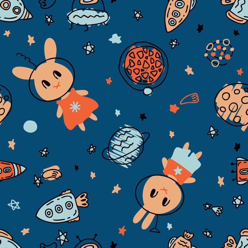 modèle sans couture de doodle avec des astronautes de lapin dans l'espace. impression parfaite pour tee, textile et tissu. vecteur