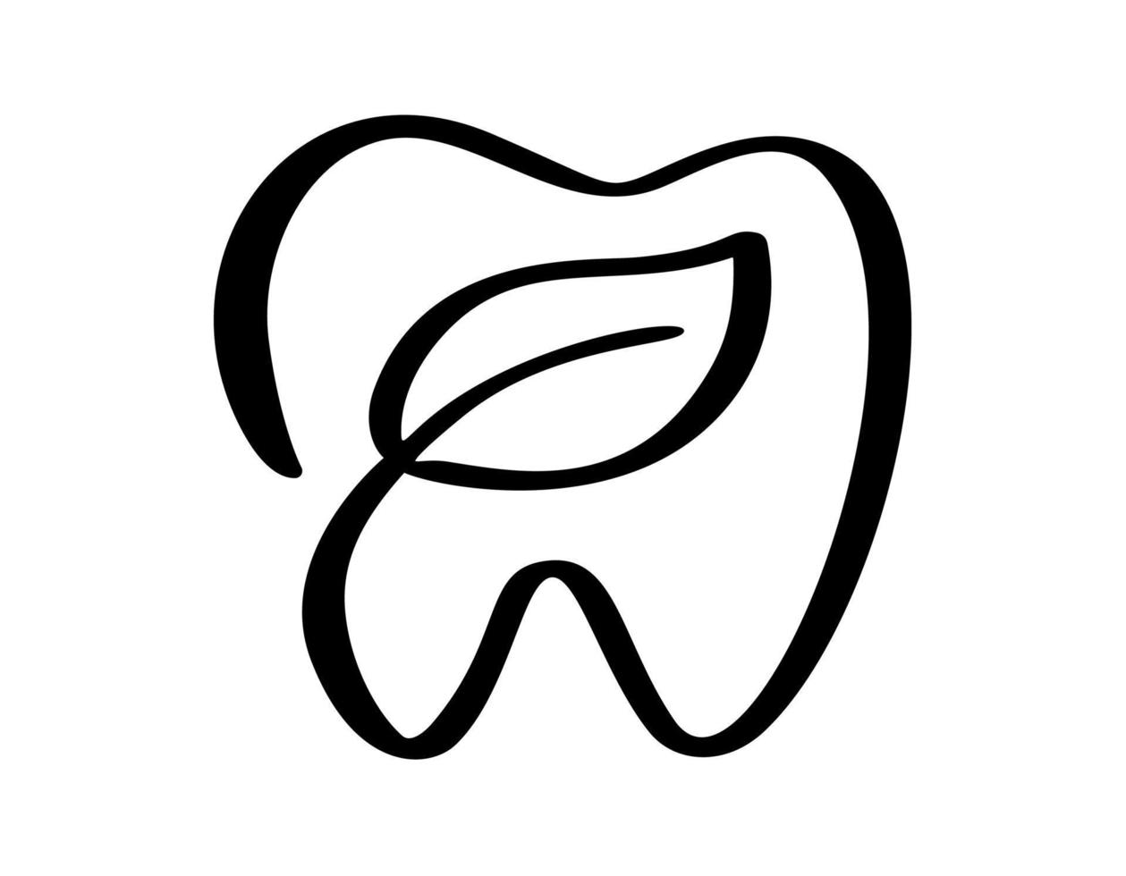 icône calligraphique du logo de la dent et de la feuille. symbole de dentisterie de vecteur. signe médical. dentalhealth propre blanc et sain. modèle de soins dentaires vecteur