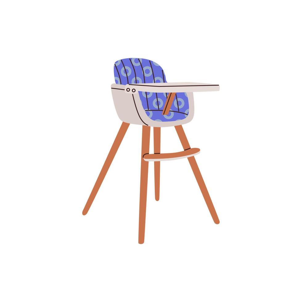chaise haute bébé bleue pour manger à la maison avec motif. élever un enfant. siège d'alimentation pour bébé avec impression de cercle abstrait. chaise enfant moderne en bois sur pieds hauts. vecteur