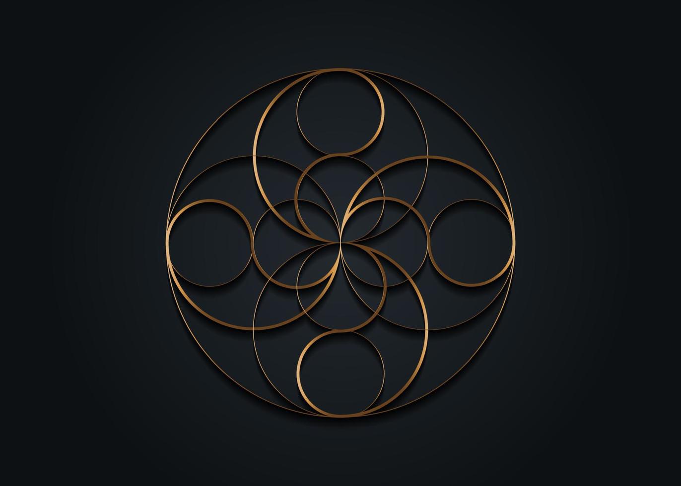 fleur mystique d'or de la fortune, icône de trèfle à quatre feuilles, géométrie sacrée, logo rond de luxe dans le style d'art de la ligne dorée, intersection géométrique des cercles, illustration vectorielle isolée sur fond noir vecteur